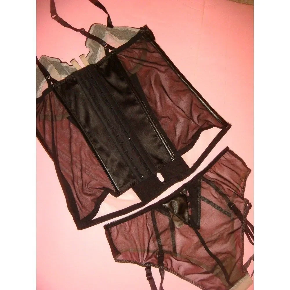 Victoria's Secret unlined 34B BRA SET+CORSET+GARTER panty NUDE Beige Black satin